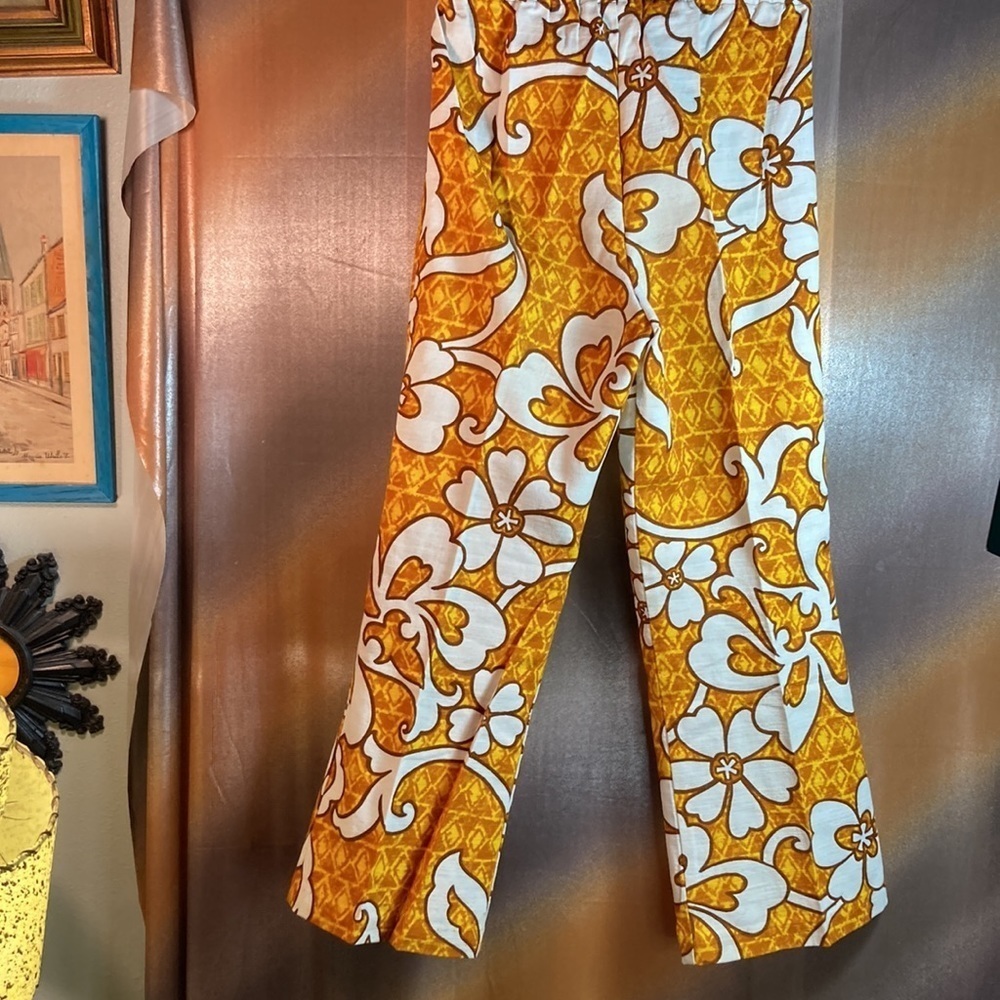 Vintage 60’s petite or tween wide leg barkcloth pants 116 9-14” waist 22” inseam - Picture 3 of 4